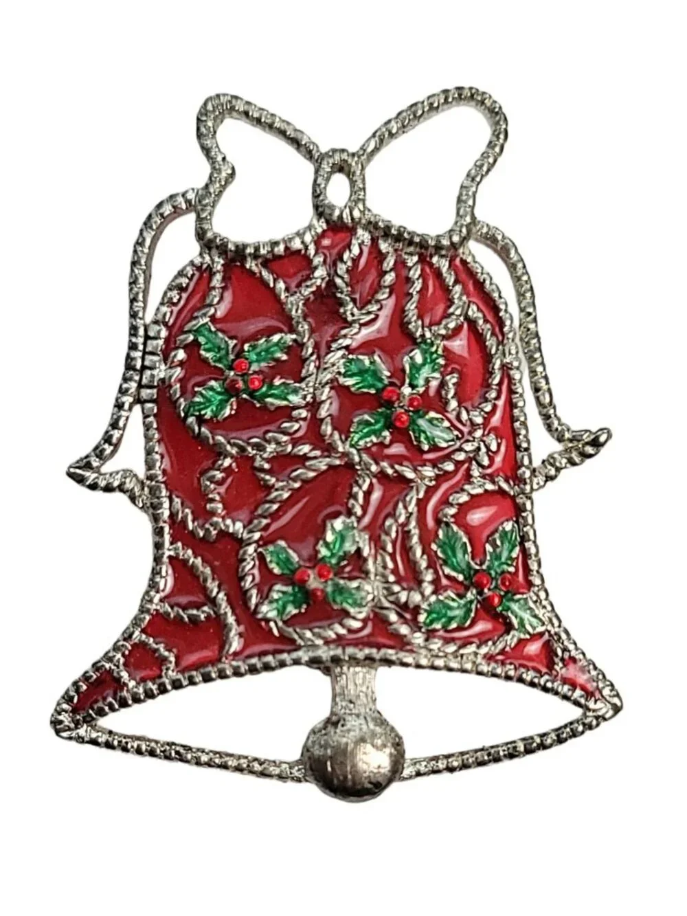 Danecraft Silvertone Red Plique A Jour Style Christmas Bell Pin Brooch, Signed